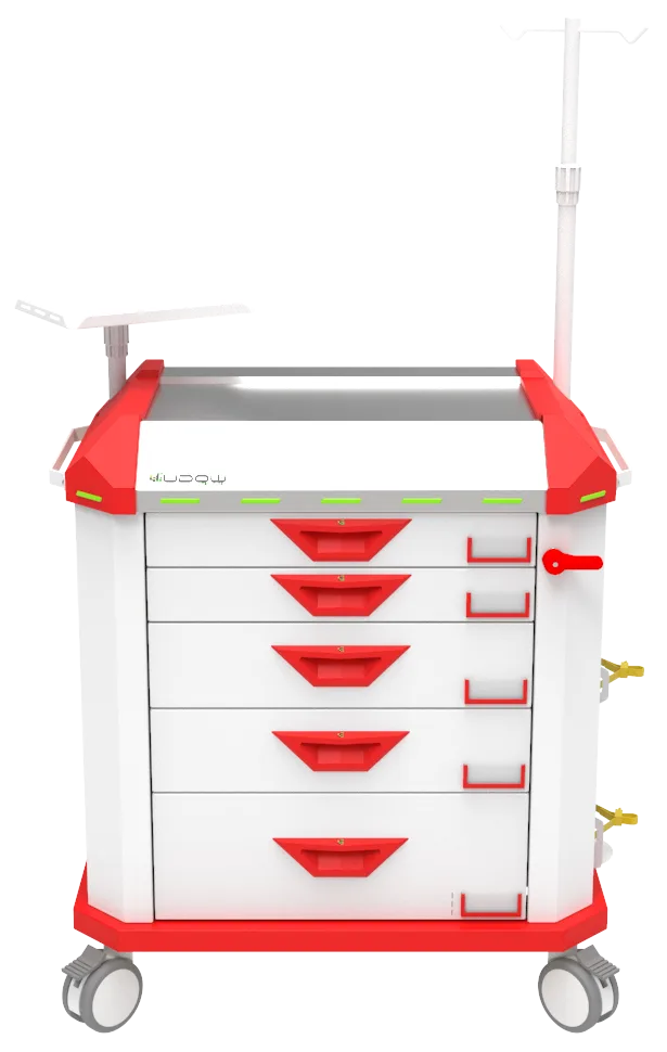 Carrinho de emergência BCT Basic Cart 001 da Udow Tecnologia, acabamento vermelho