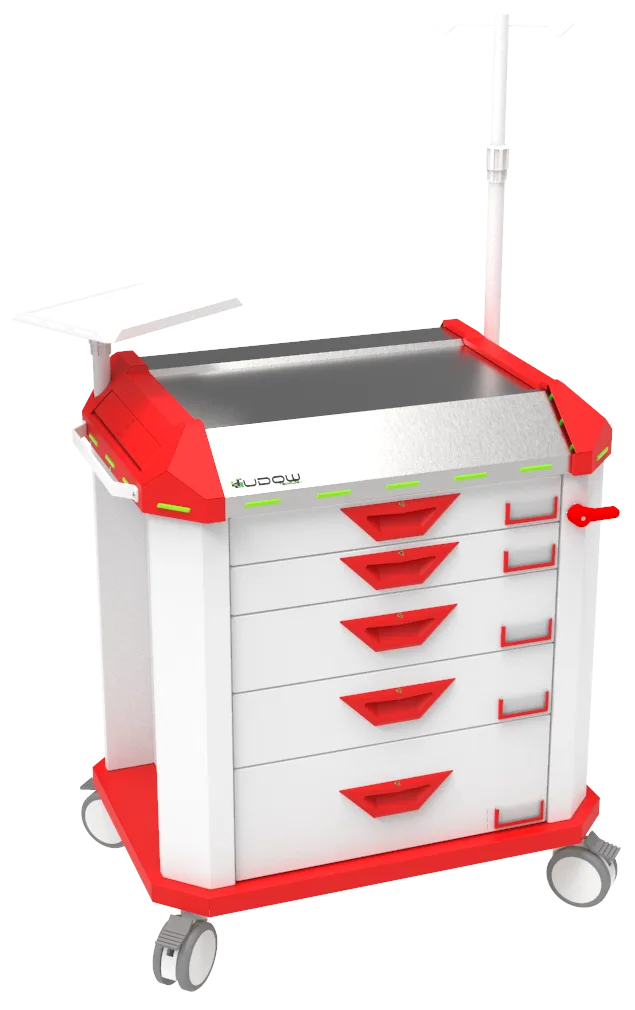Carrinho de emergência BCT Basic Cart 001 da Udow Tecnologia, acabamento vermelho