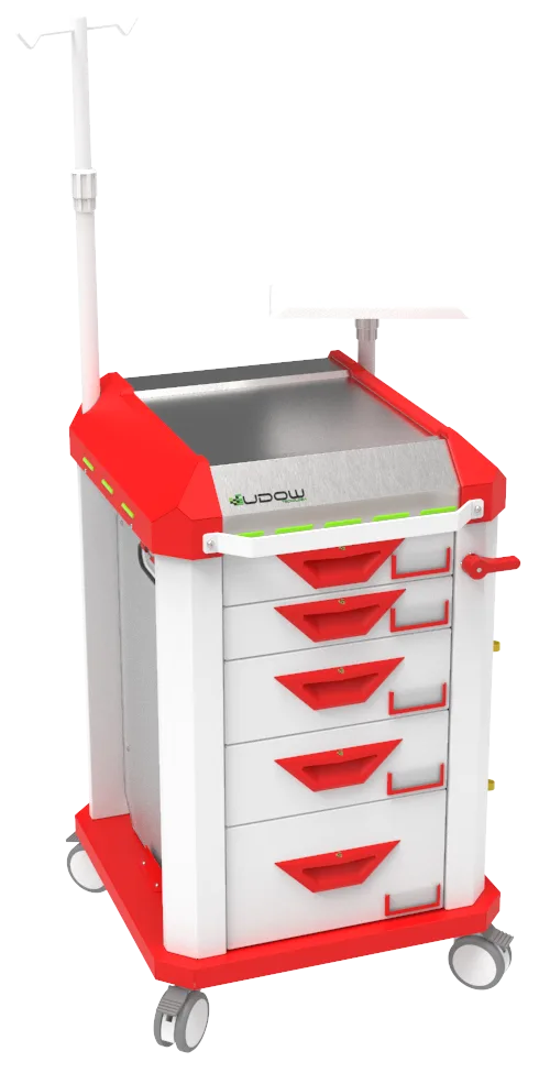 Carrinho de emergência BCT Basic Cart 002 da Udow Tecnologia, acabamento vermelho