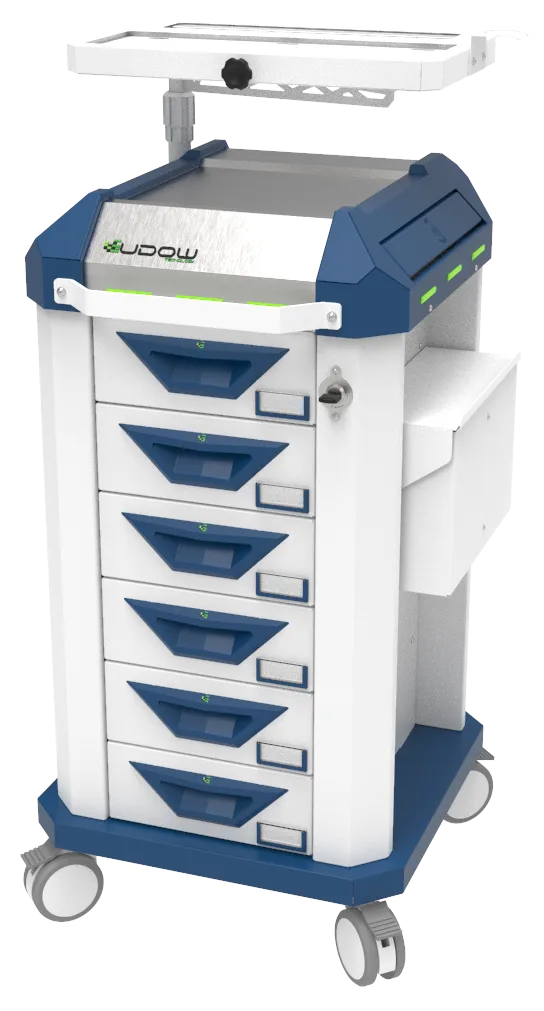 Carrinho beira-leito BDP Basic Dispenser 001 da Udow Tecnologia, acabamento cinza