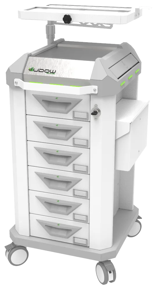 Carrinho beira-leito BDP Basic Dispenser 001 da Udow Tecnologia, acabamento cinza