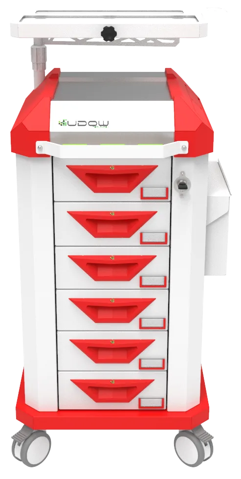 Carrinho beira-leito BDP Basic Dispenser 001 da Udow Tecnologia, acabamento vermelho