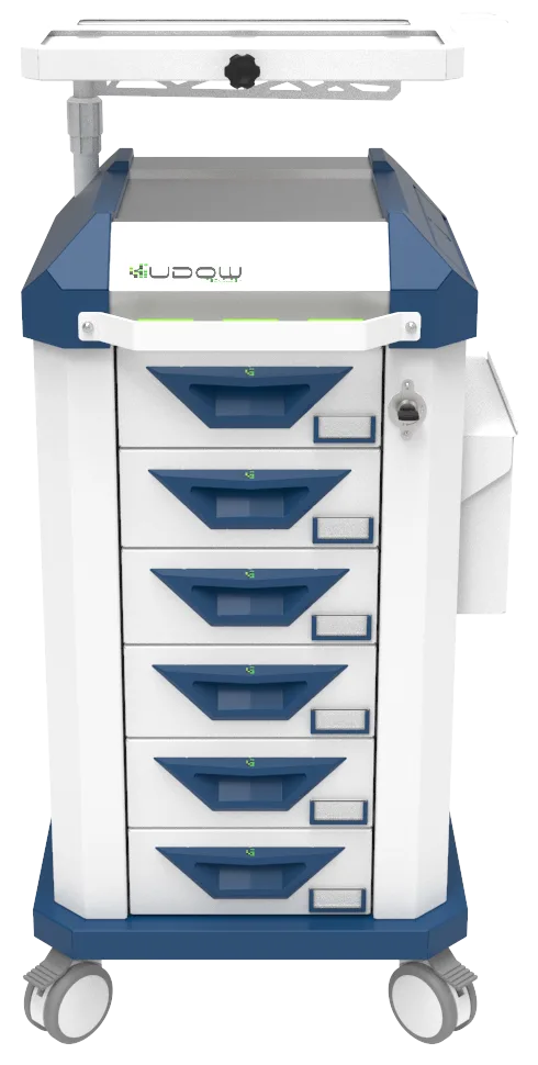 Carrinho beira-leito BDP Basic Dispenser 002 da Udow Tecnologia, acabamento azul
