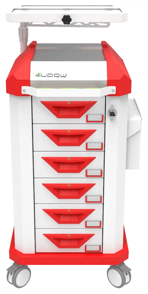 Carrinho beira-leito BDP Basic Dispenser 002 da Udow Tecnologia, acabamento vermelho