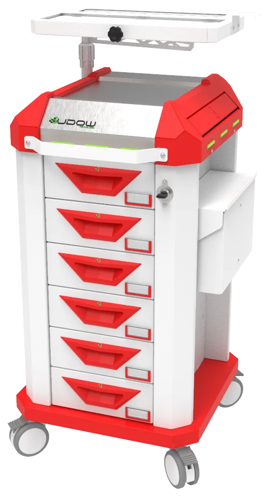 Carrinho beira-leito BDP Basic Dispenser 002 da Udow Tecnologia, acabamento vermelho
